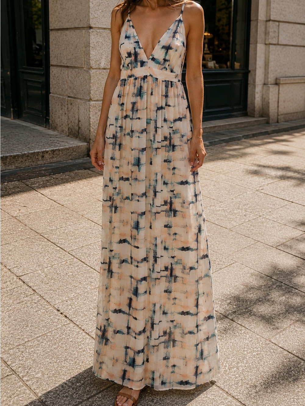NWT Abstract Print Sleeveless Maxi Dress in Cream, Pink and Navy